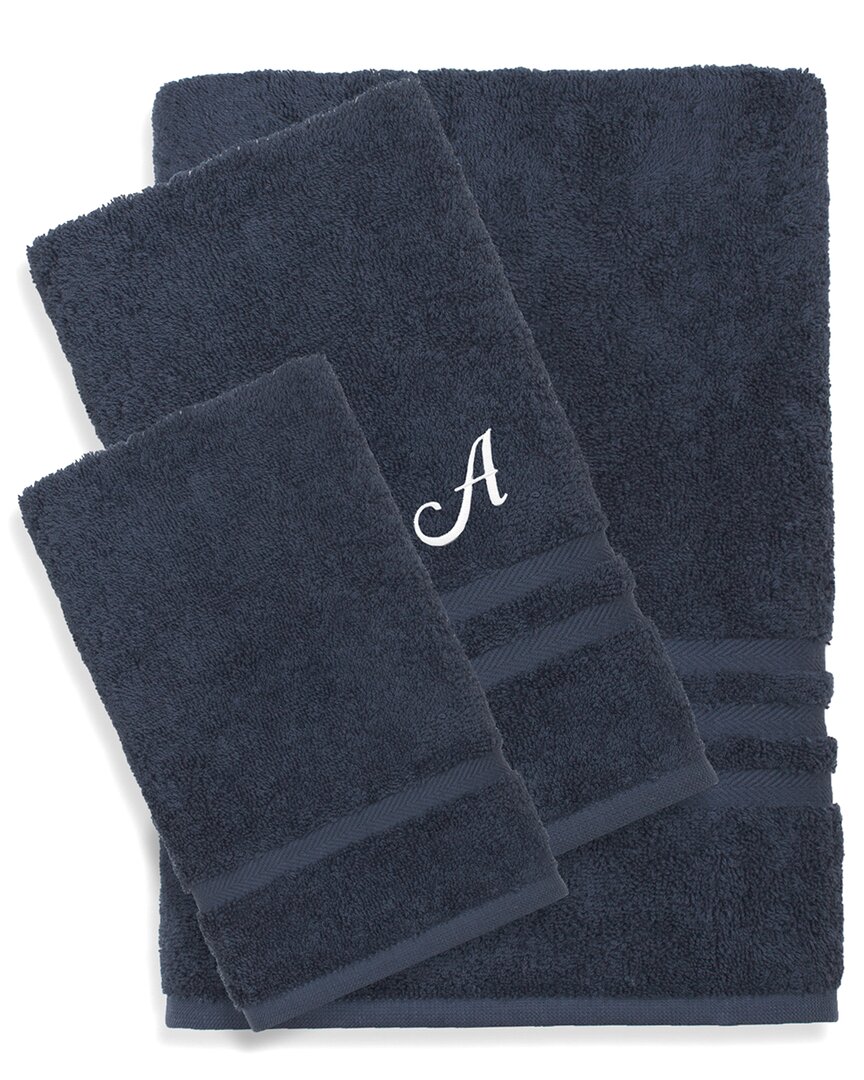 Linum Home Textiles Monogram Turkish Cotton 3pc Denzi Towel Set (a-z) In Blue