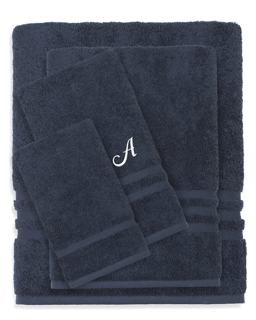 Linum Home Textiles Monogram Turkish Cotton 4pc Denzi Towel Set (a-z) In Blue