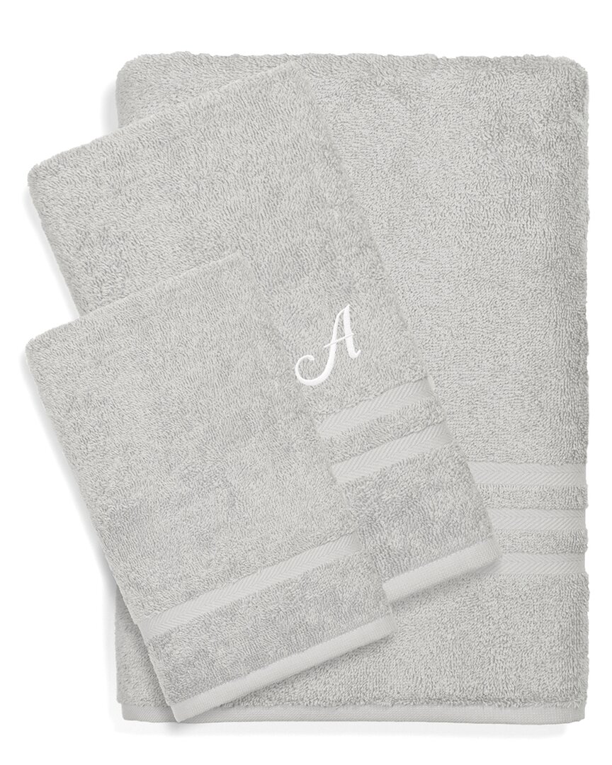 Linum Home Textiles Monogram Turkish Cotton 3pc Denzi Towel Set (a-z) In Grey