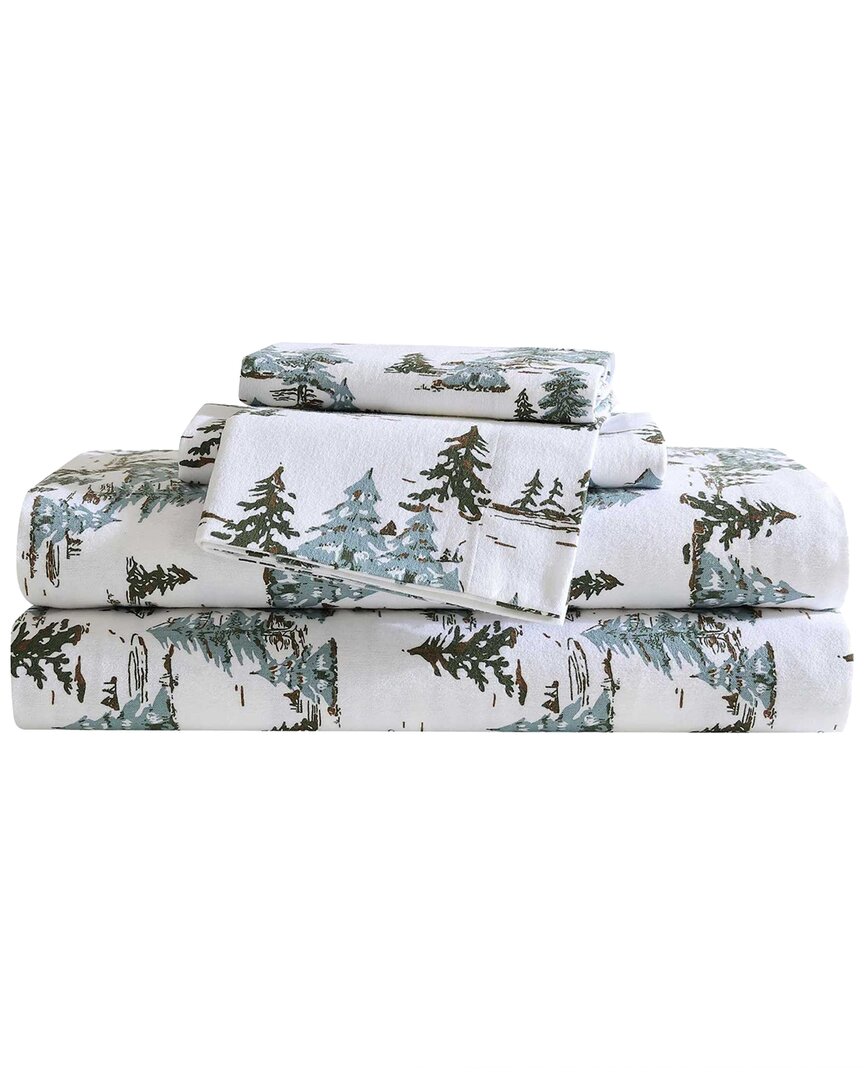 Eddie Bauer Snowy Pine Trees Cotton Flannel Sheet Set In White