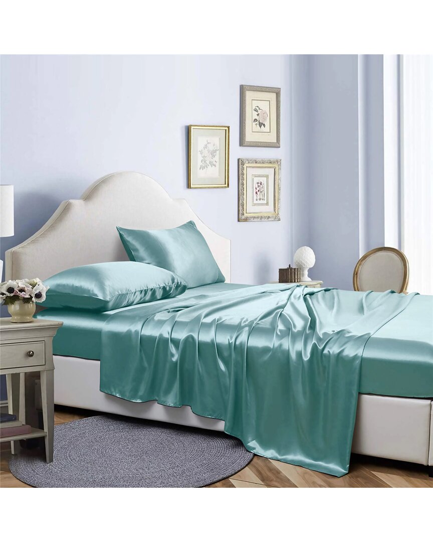 Bibb Home Silky Satin 4 Piece Sheet Set - Aqua