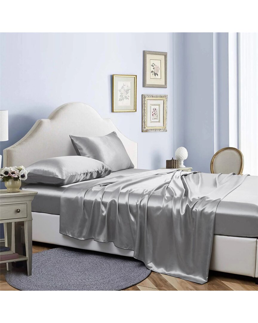 Bibb Home Silky Satin 4 Piece Sheet Set- Silver