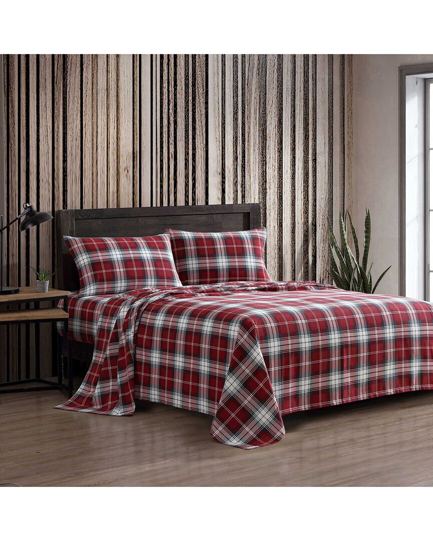 Eddie Bauer 200 Thread Count Heartland Plaid Cotton Flannel Sheet Set In Red