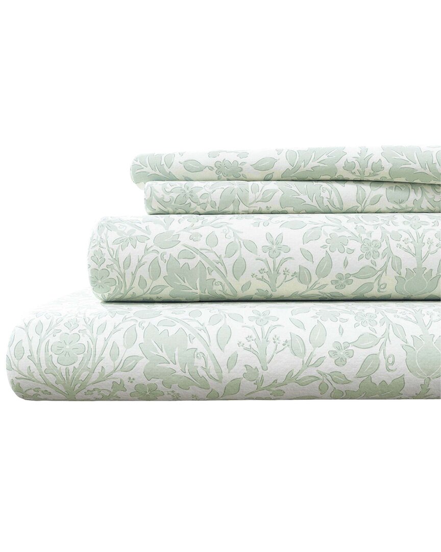 Linery & Co Winter Florals 100% Turkish Cotton Flannel Sheet Set In Green