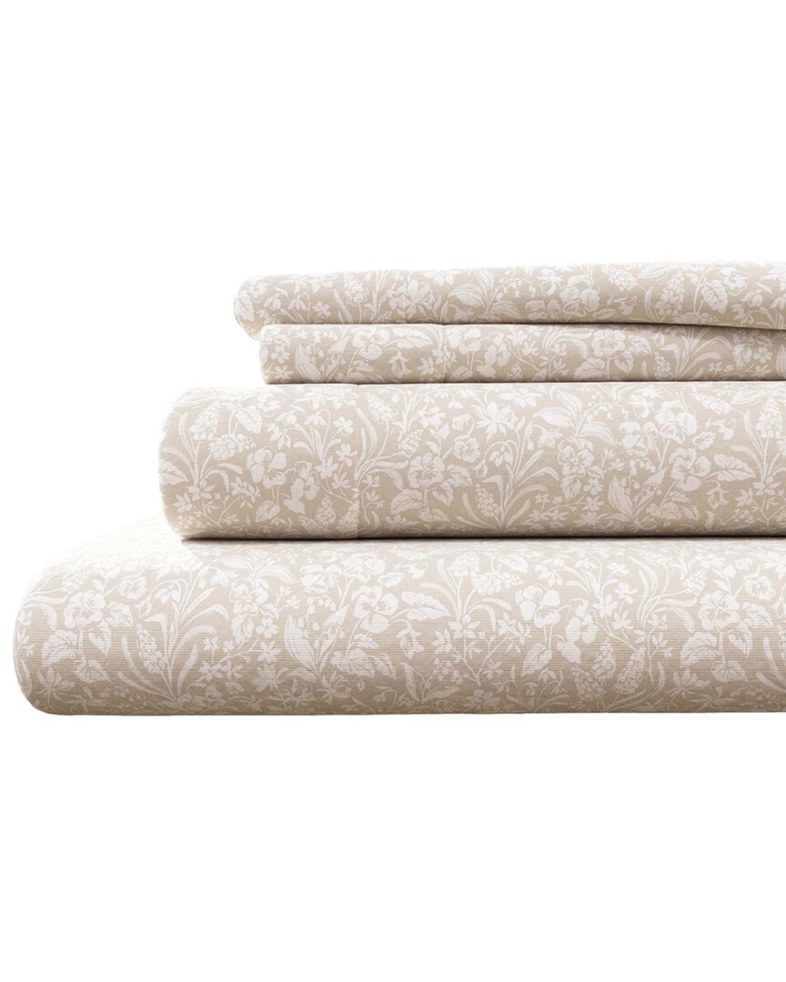 Linery & Co Winter Florals 100% Turkish Cotton Flannel Sheet Set In Neutral