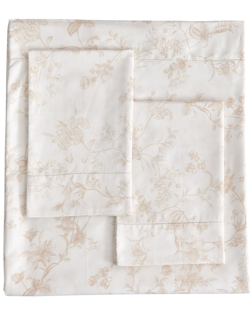 Melange Home 400 Thread Count Sateen Cotton Garden Bouquet Hemstitch Sheet Set In Brown