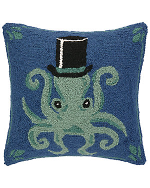 "Octopus with Hat" Hand-Hooked Decorative Pillow