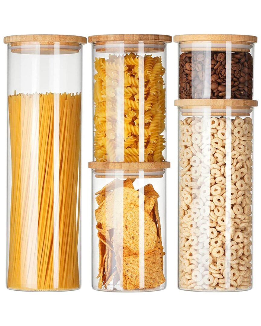 Genicook 5 Pc Borosilicate Glass Canister Set With Bamboo Lids, Glass Containers