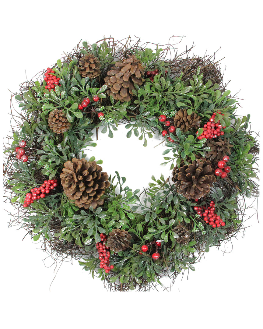 Northlight Glittered Artificial Boxwood Pine Cone & Red Berry Christmas Wreath