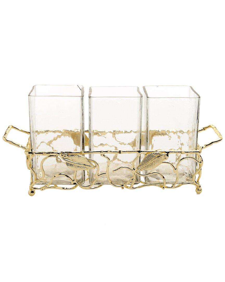 Alice Pazkus Leaf Cutlery Holder With Hammered Glass Inserts In Gold