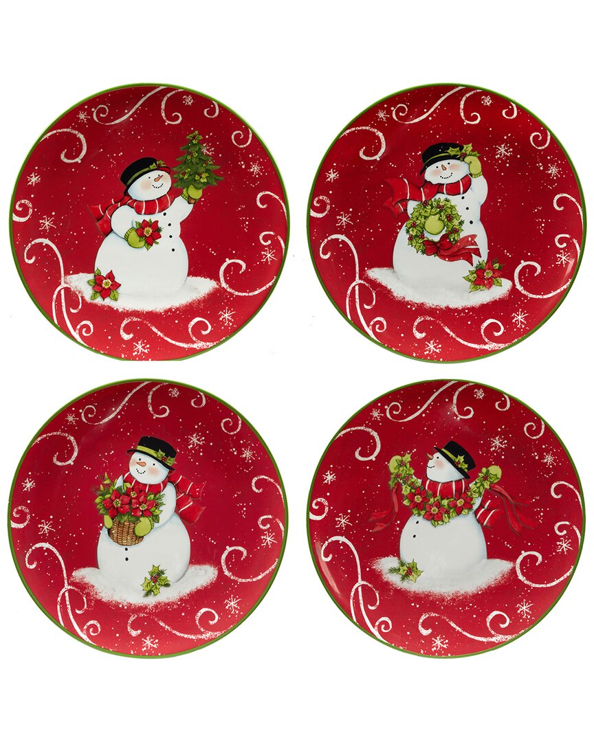Certified International Holiday Magic Snowman Set Of 4 Dessert Plates In Red