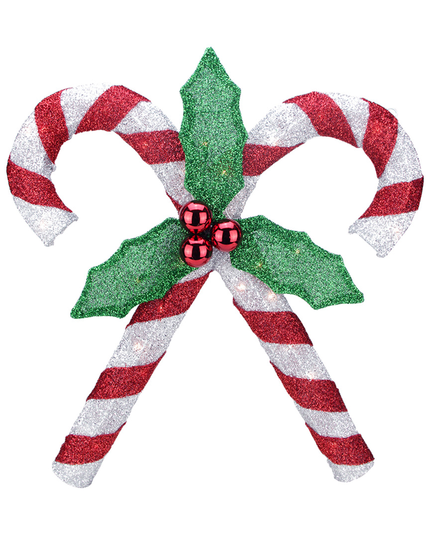 Northlight 26in Lighted Red & Silver Double Candy Cane With Holly Tinsel Christmas