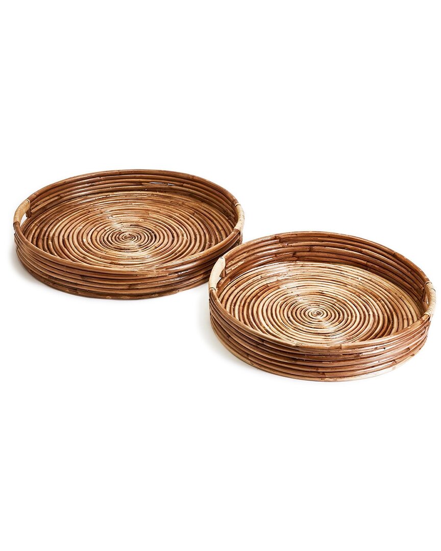 Two's Company Set Of 2 Cane Hand-crafted Rounded Tray In Brown