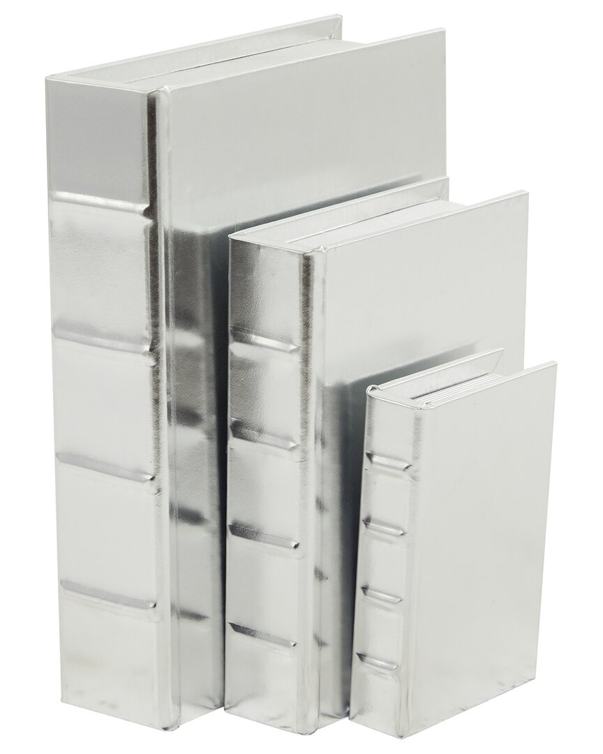 COSMOLIVING BY COSMOPOLITAN COSMOLIVING BY COSMOPOLITAN SET OF 3 SILVER FAUX LEATHER FAUX STORAGE BOOK BOX WITH METALLIC FINISH