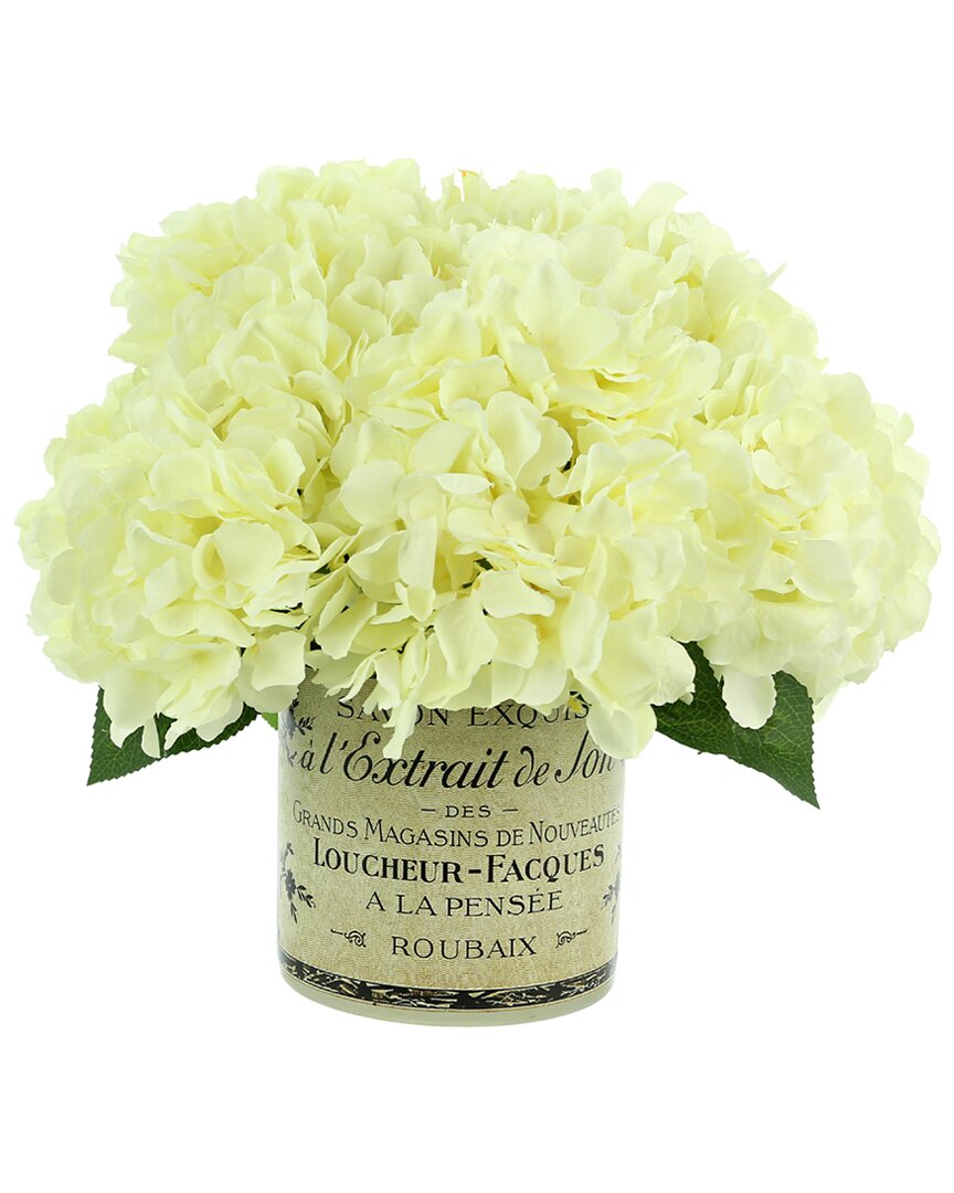 Creative Displays White Hydrangea Arrangement In A French Labeled Glass Vase In Cream