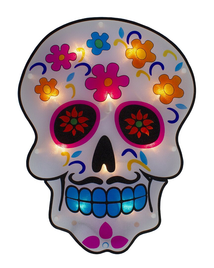 Northlight 15in Lighted Day Of The Dead Sugar Skull Halloween Window  Silhouette In White
