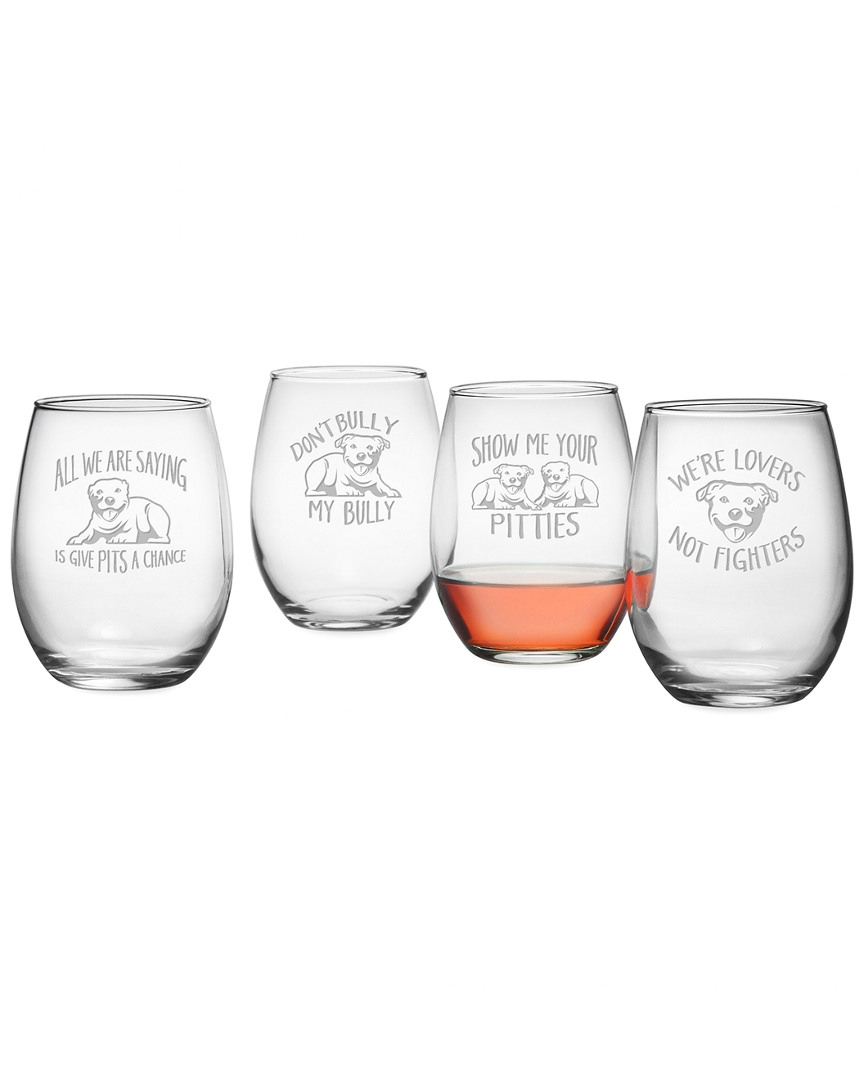 Susquehanna Glass Set Of 4 Pit Bull Assortment Stemless Wine Tumblers In White