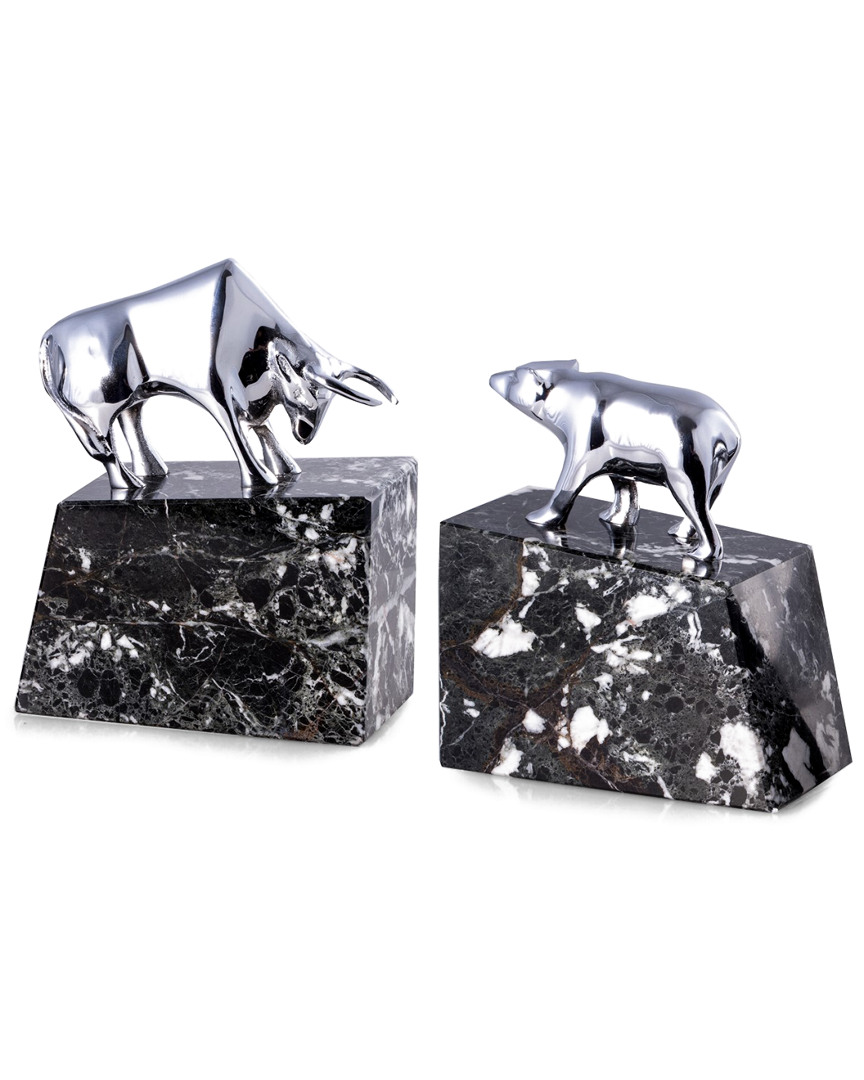 Bey-berk Stock Market Silver Plated Bull & Bear Bookends