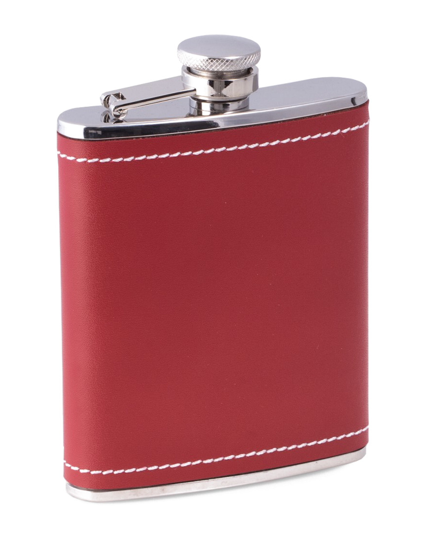 Bey-berk 6oz Stainless Steel Red Leather & White Stitch Flask