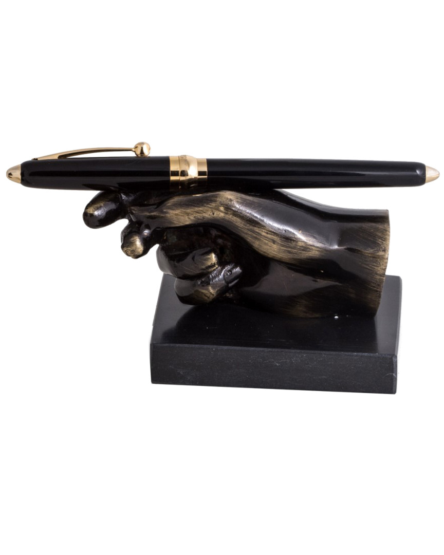 Bey-berk Bronzed Finished Hand Pen Holder On Black Marble Base