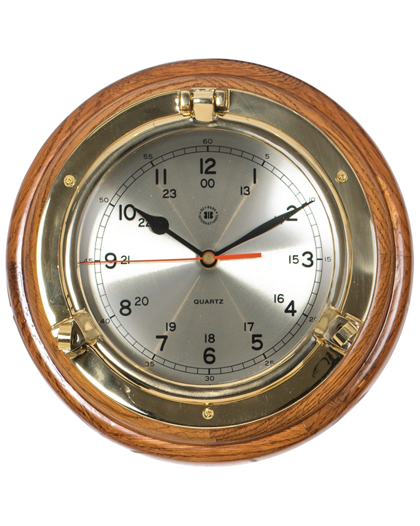 Bey-berk Lacquered Brass Porthole Quartz Clock On Oak Wood