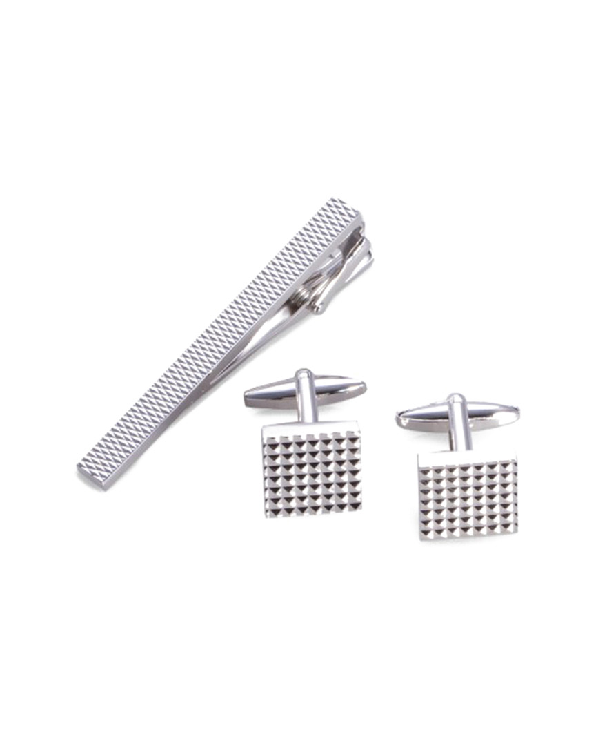 Bey-berk Rhodium Plated Checkered Design Cufflinks & Tie Pin Set
