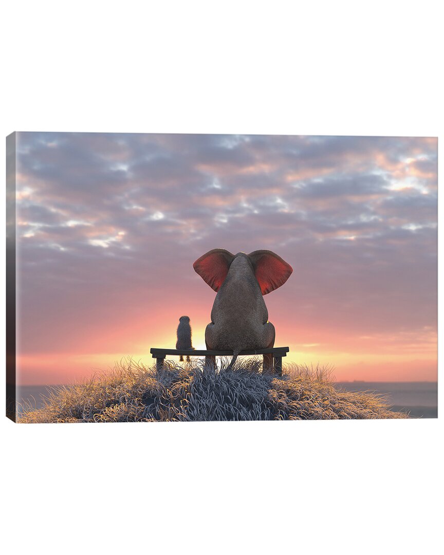 Icanvas Elephant And Dog Watch The Sunrise On The Seashore Wall Art By Mike Kiev