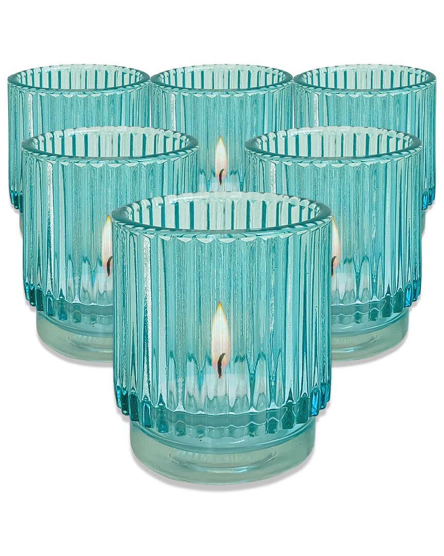 Kate Aspen Set Of 6 Ribbed Glass Votive Candle Holders In Aqua