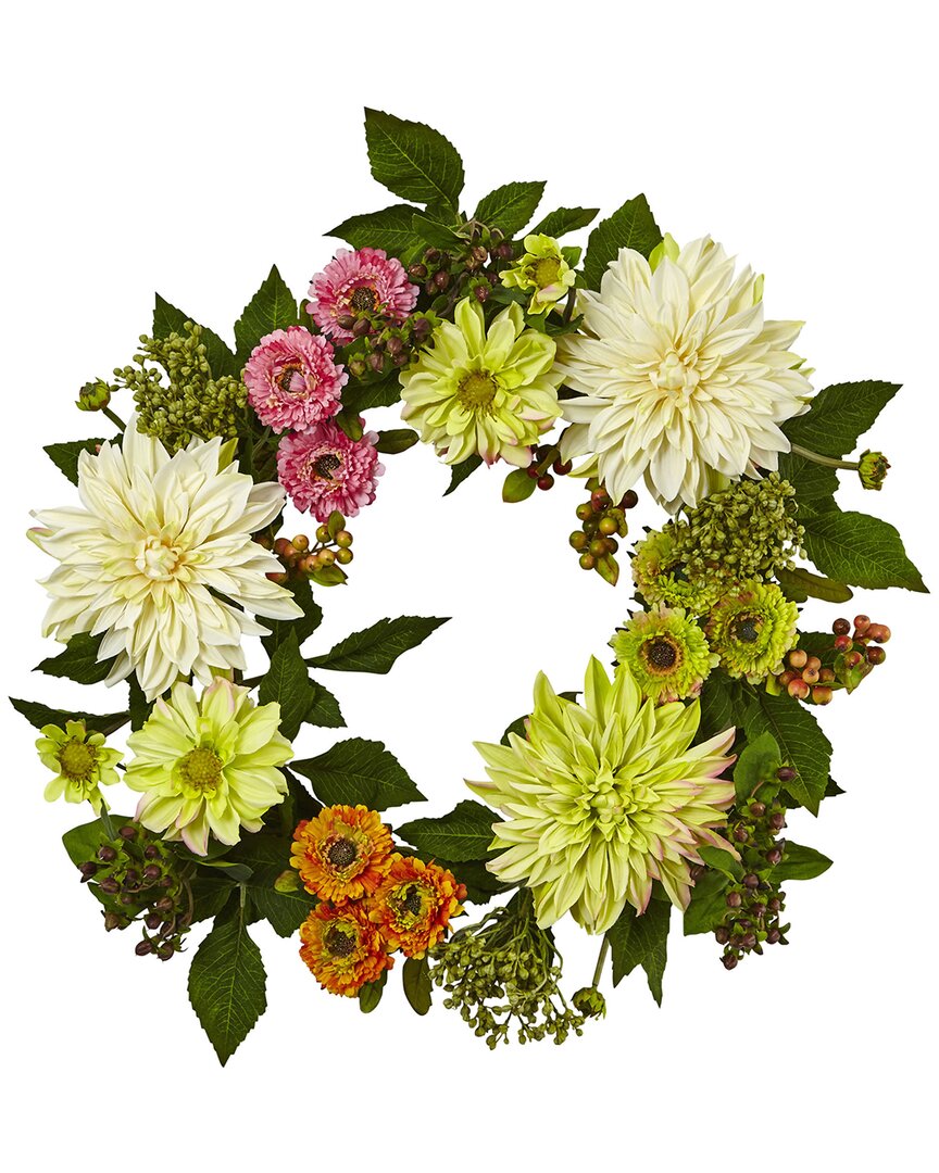 Nearly Natural 22in Dahlia Mum Wreath In Cream