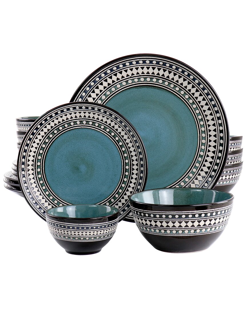 Elama Sage 16 Piece Double Bowl Stoneware Dinnerware Set, Service For 4