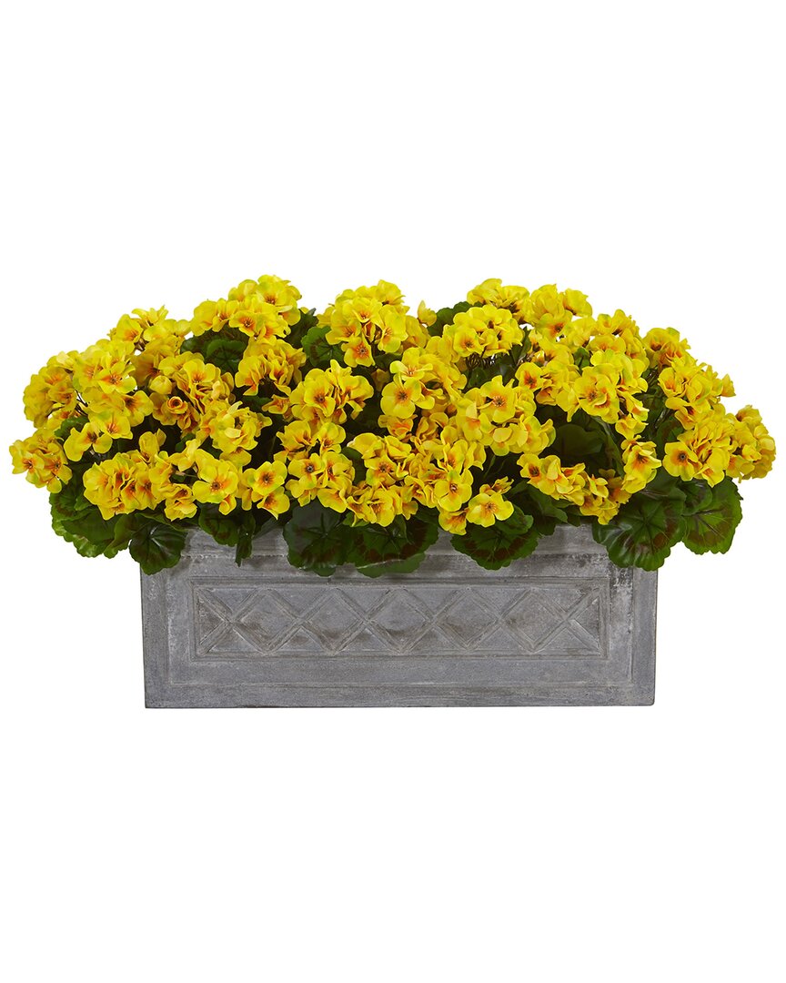 Nearly Natural Indoor/outdoor Uv-resistant Geranium Artificial Plant In Stone Planter In Yellow