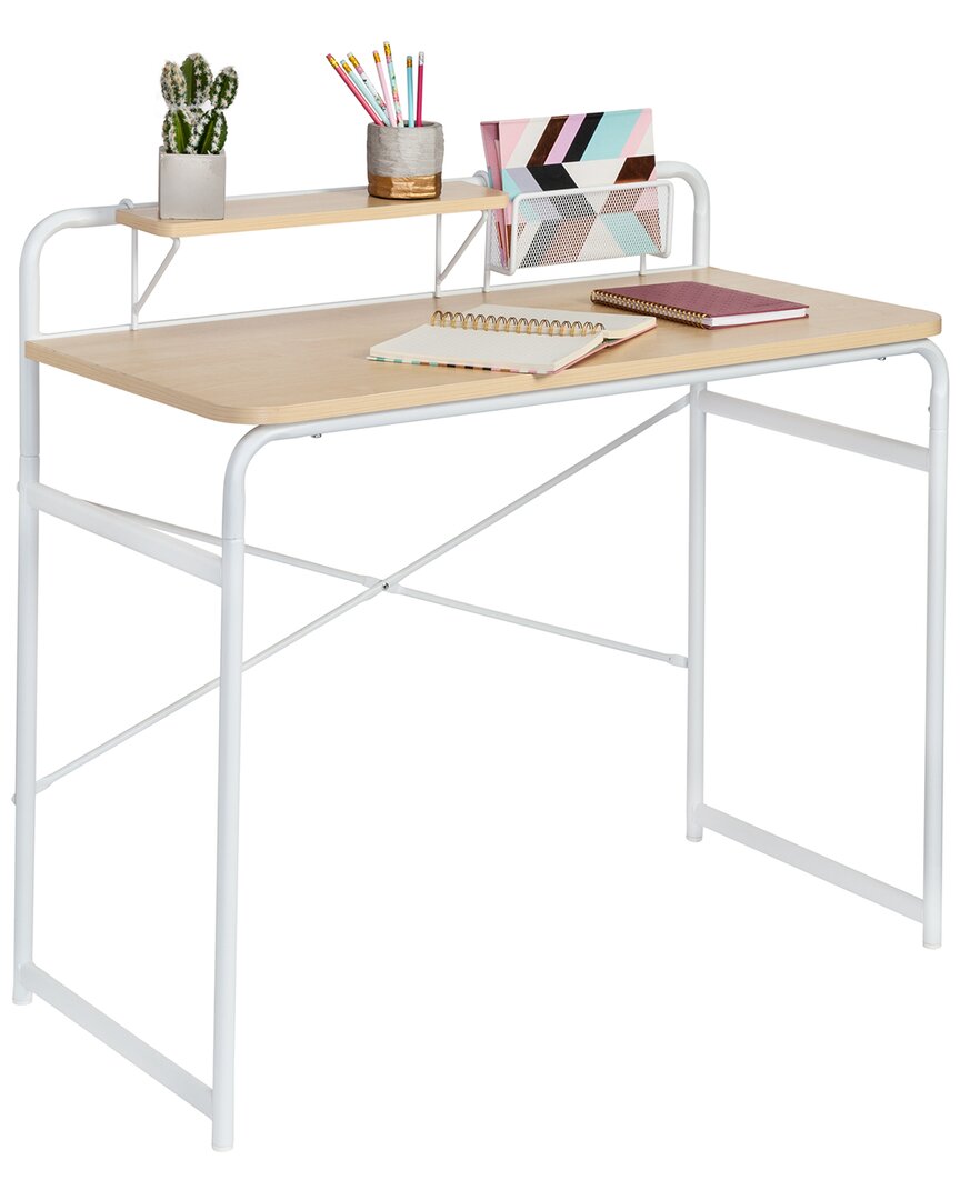 Honey-can-do Home Office Computer Desk With Shelf And Metal Mesh Basket In White