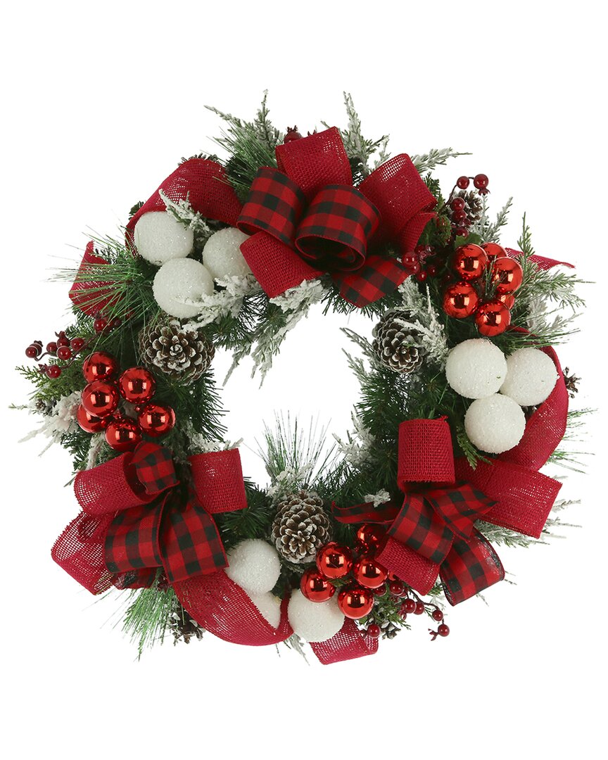 Creative Displays 34in Christmas Wreath With Ornaments & Plaid Bows In Red