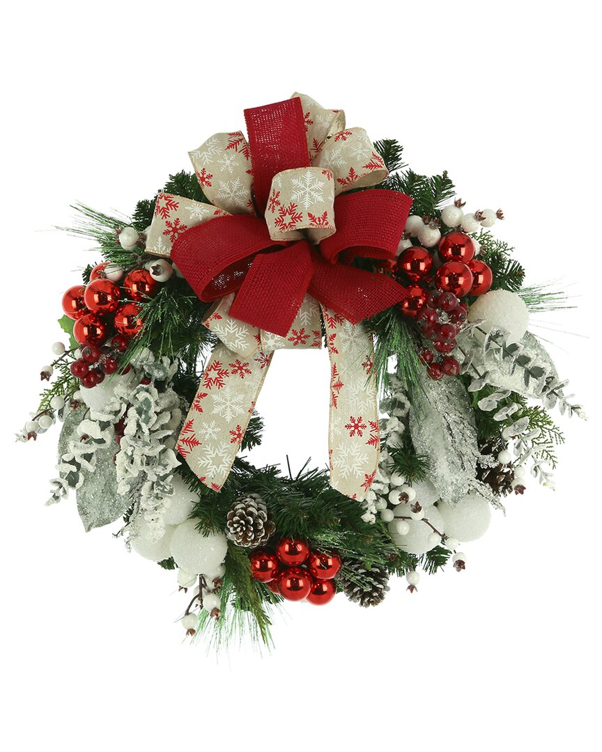 Creative Displays 34in Flocked Holiday Wreath With Eucalyptus, Ornaments & Decorative Bow In Red