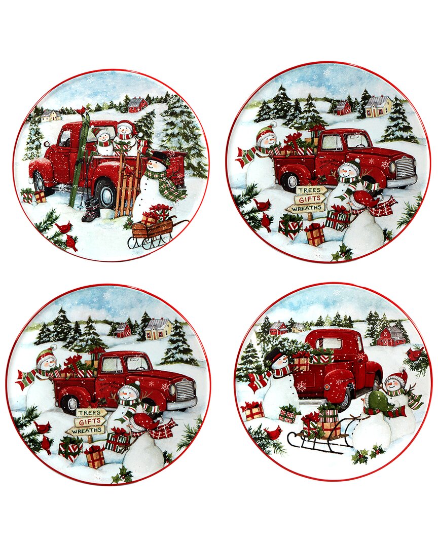 Certified International Red Truck Snowman Set Of 4 Canape Plates In Multi