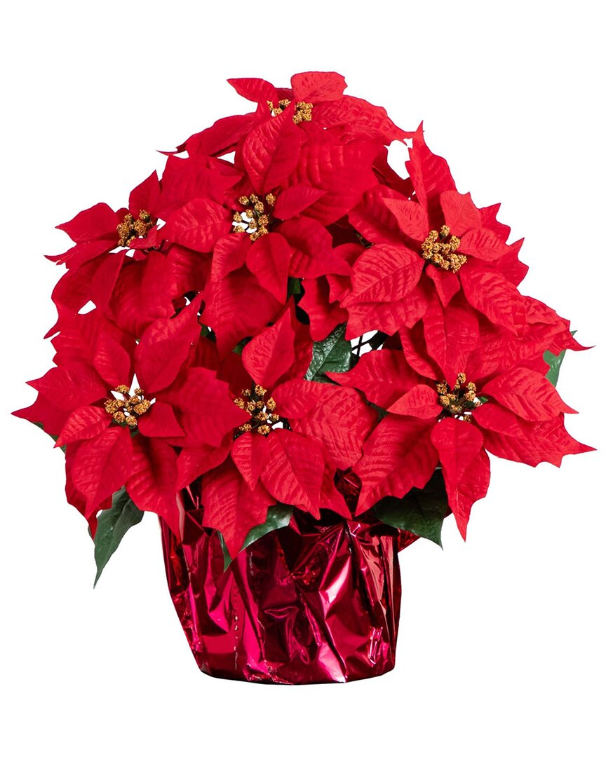 Nearly Natural 19in. Artificial Lush Poinsettia Arrangement In Re In Red