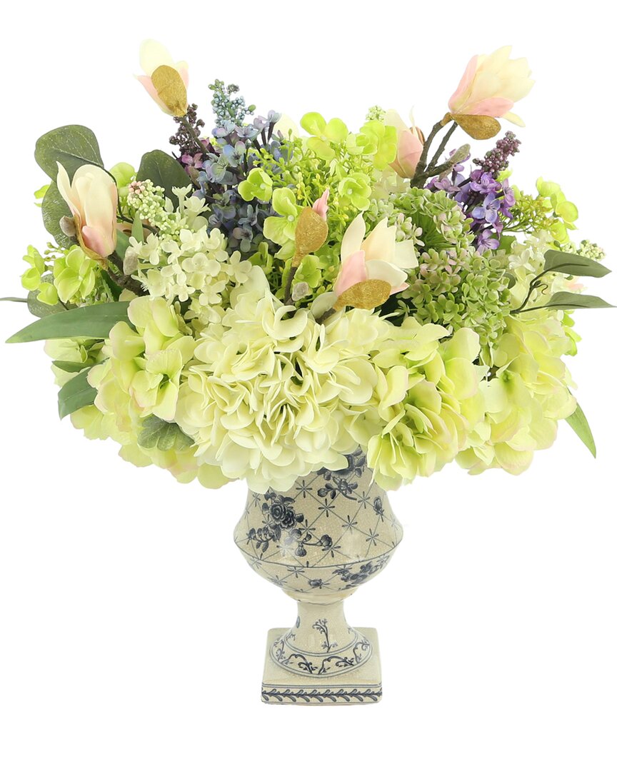 Creative Displays Hydrangeas, Magnolias & Assorted Lilac In A Cream & Blue Vase