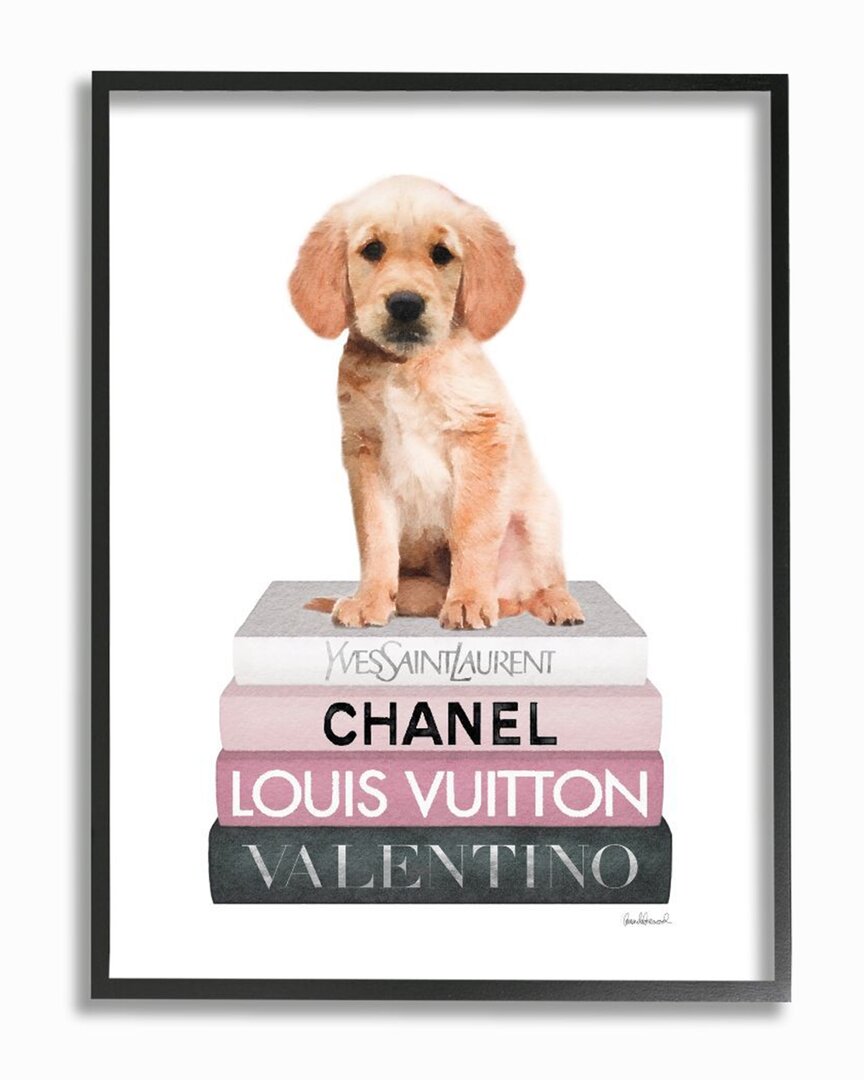 Stupell Adorable Puppy Sitting On Glam Fashion Book Wall Art In White