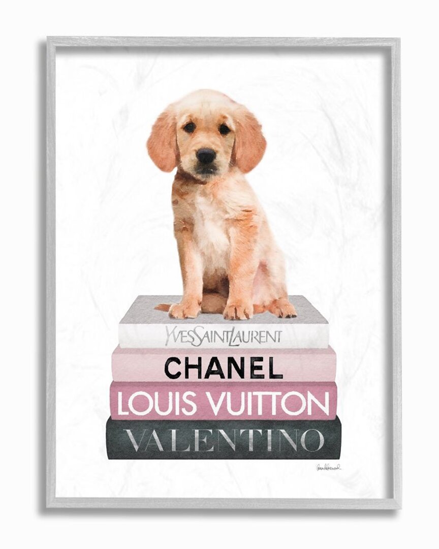 Stupell Adorable Puppy Sitting On Glam Fashion Book Wall Art In White