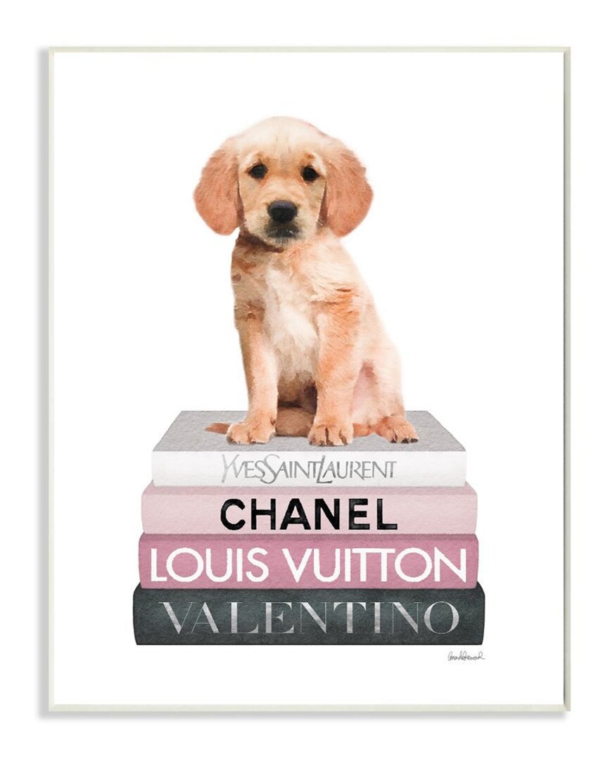 Stupell Adorable Puppy Sitting On Glam Fashion Book Wall Art In White