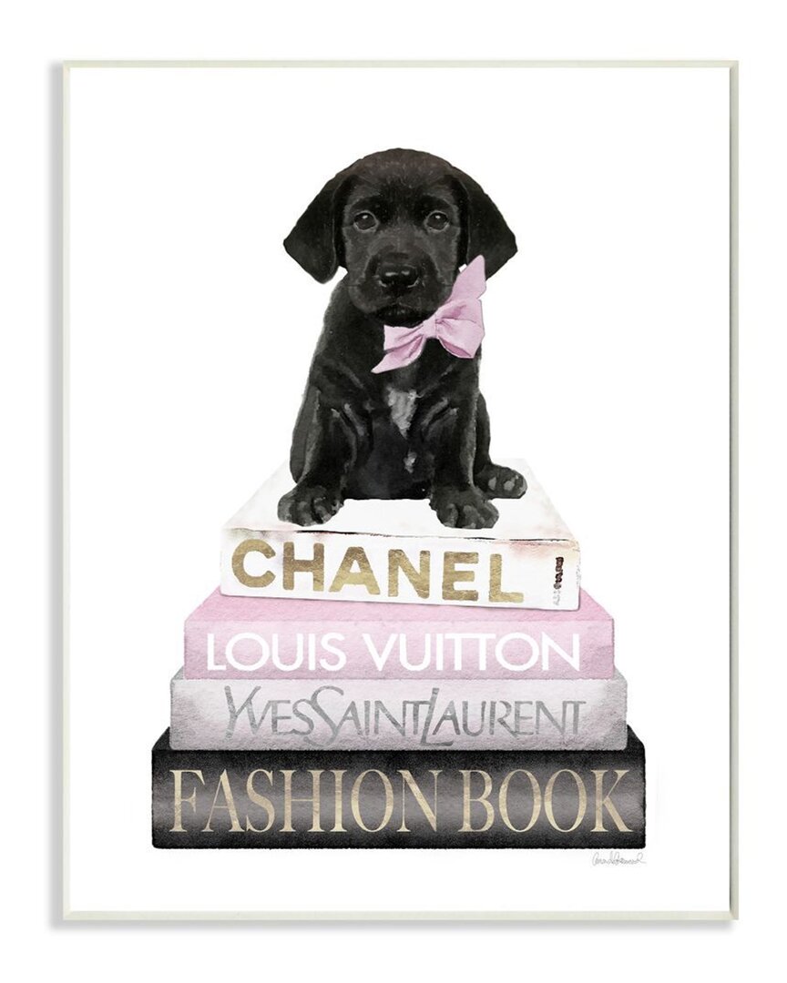 Stupell Black Puppy With Pink Bow On Glam Book Stack Wall Art In White