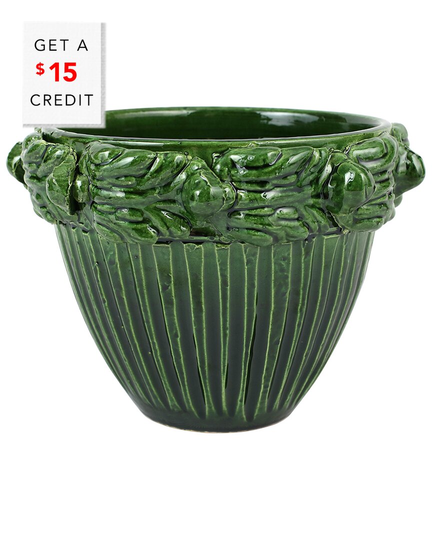 VIETRI VIETRI RUSTIC GARDEN GREEN ACANTHUS LEAF SMALL CACHEPOT WITH $15 CREDIT