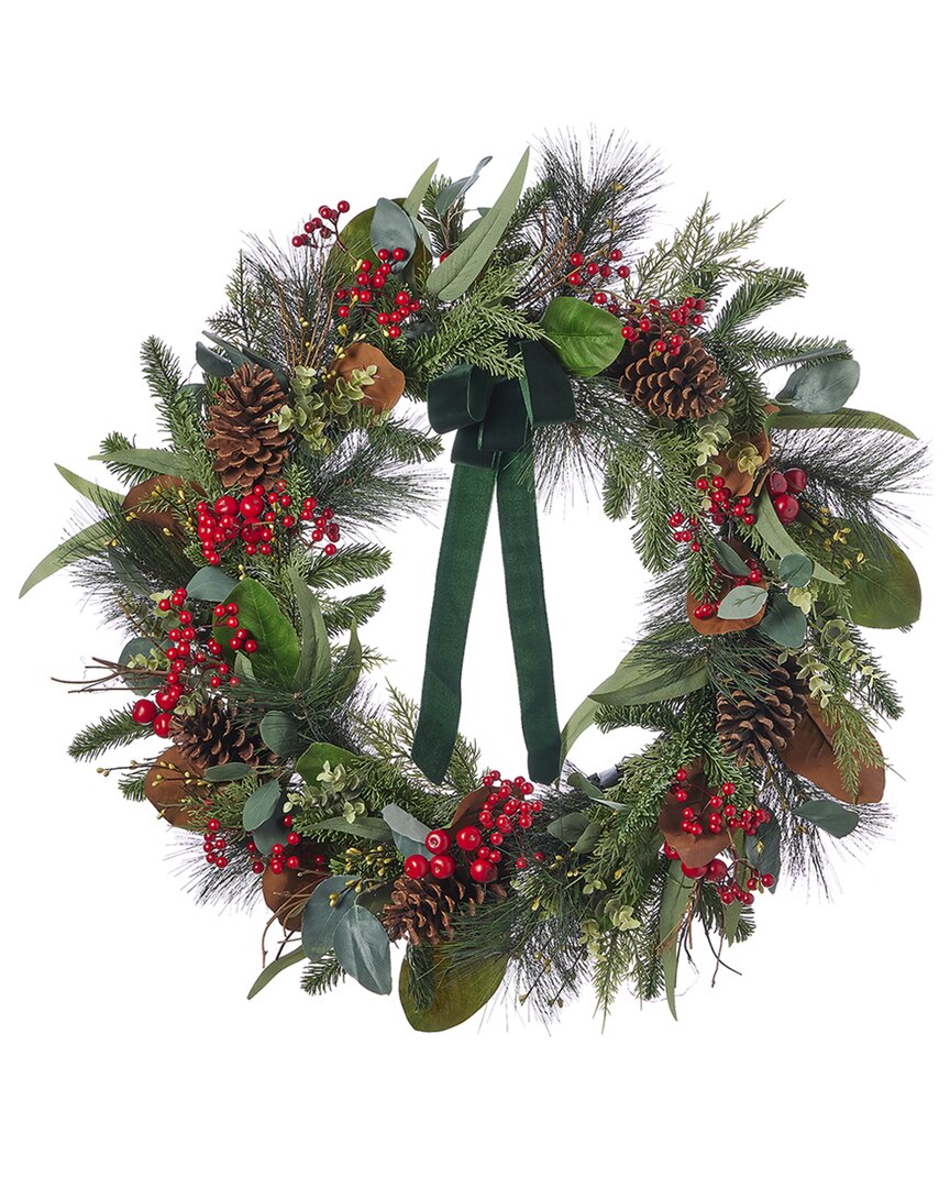 Seasonal Llc Magnolia Leaf, Eucalyptus, & Berry 28in Wreath, Pre-lit In Green
