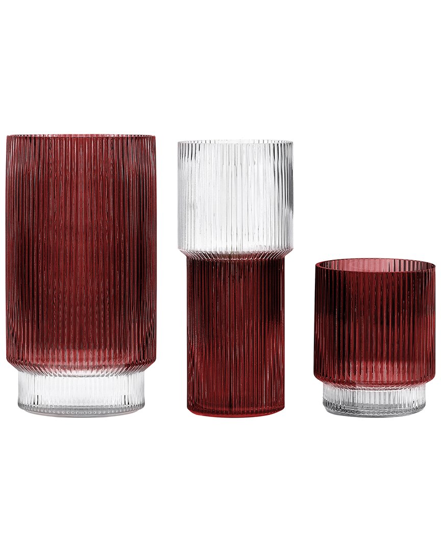 Safavieh Set Of 3 Cranberry Zinc Fluted Glass Vases In Red