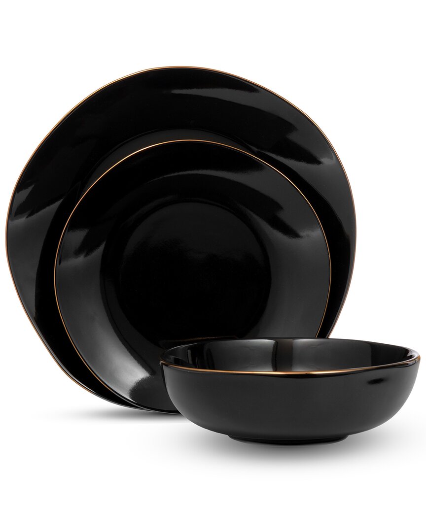 Godinger Andover Black 12pc Gold Rim Dinnerware Set, Service For 4 In Black
