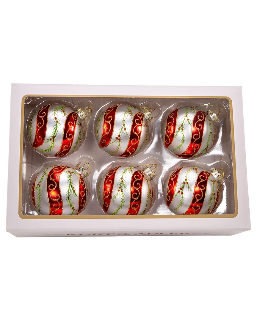 Kurt Adler 80mm Glass Red & White Holly Leaves 6pc Ball Ornament Set In Red