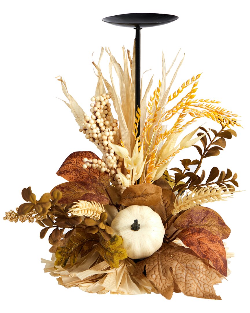 Nearly Natural 12in Autumn Harvest And Pumpkin Fall Candle Holder In Cream