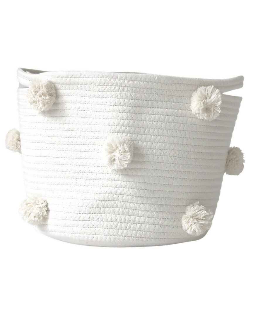 Twig And Tassel Medium Pom Basket In White