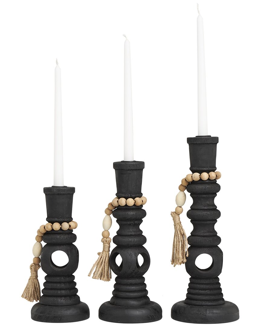 Peyton Lane Set Of 3 Black Wood Handmade Textured Matte Candle Holder With Beaded Garland Accent In Black