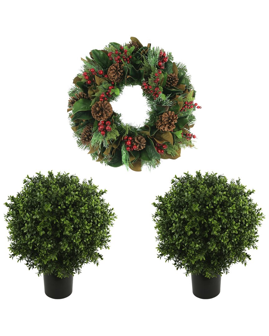 Creative Displays Classic Christmas Holiday Wreath & 2 Uv Boxwood Drop-ins In Green